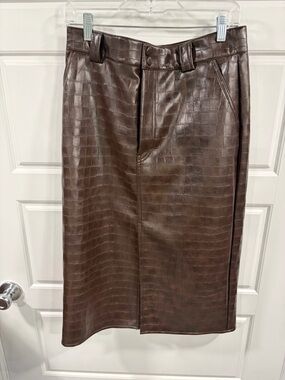 H&M Croc-Embossed Faux Leather Midi Skirt in Dark Brown